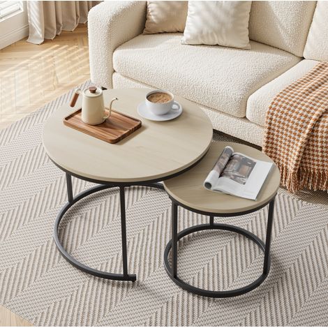 Set di 2 tavolini bassi rotondi impilabili, impiallacciatura rovere, piano 60 cm, metallo nero (1/5)