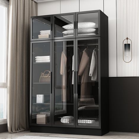 Armoire, armoire en verre, meuble de rangement noir, meuble de chambre à coucher,Armoire penderie avec 6 portes et barre de penderie pour chambre à coucher 120x40x200cm