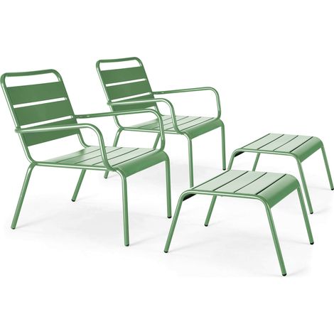 Lot de 2 fauteuils relax avec repose-pieds en métal vert cactus - Palavas