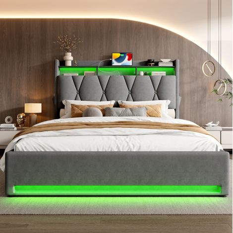 Cama con almacenamiento tapizada en terciopelo gris oscuro 160x200 cm, LED, USB y Type-C, cabecero con estante y somier elevable (1/5)