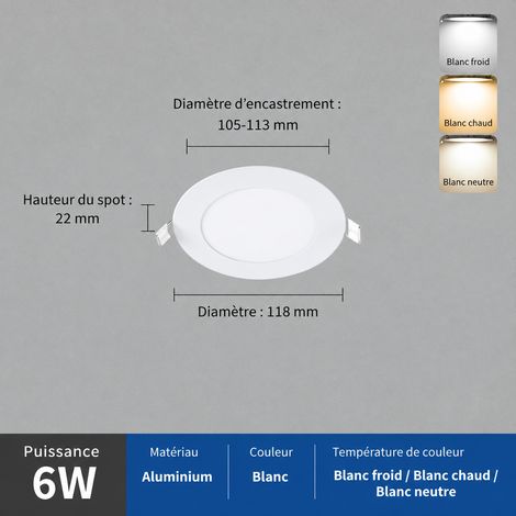 Panneau LED encastrable rond 6W 3000K Ø 118 mm 6w 118 105-113mm 3000k 15 g – Livraison gratuite