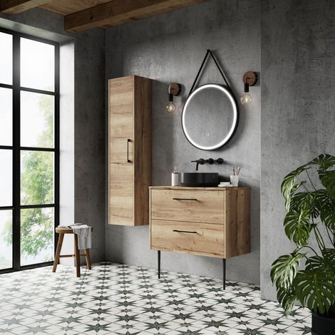 Winshill Contemporary 2 Drawer Wall Hung Vanity Unit with Worktop, Light Oak, 800mm