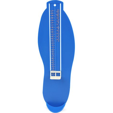 Un medidor de tallas de calzado profesional, apto tanto para adultos como para niños (de color azul), es la opción ideal.