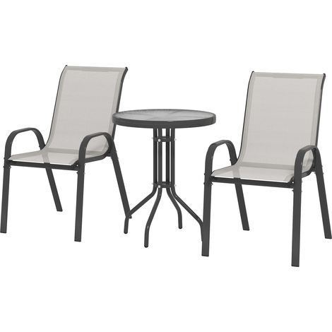 3-teiliges Gartenmöbelset: 2 stapelbare Sessel, Couchtisch mit hellgrauer Tischplatte aus gehärtetem Glas