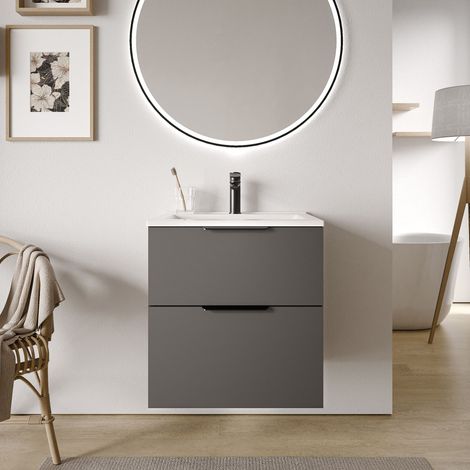 Waschtischunterschrank Bernstein TIM 60cm mit Waschbecken Anthrazit matt Metallgriff Schwarz matt