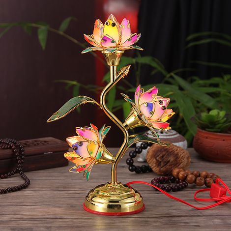 Lanterne lotus électrique avec feuilles en plastique, fleurs résistantes, matériel acrylique, prise murale, décoration colorée pour temple et maison (1/5)