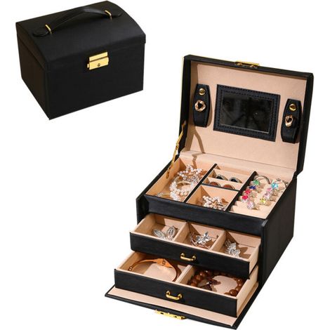 Coffre à Bijoux Bijoux en cuir Présentoir Boîte de rangement Collier anneau de stockage de bijoux Boîte de rangement avec miroir Convient for les magasins ou à la maison Boîte à Bijoux(Schwarz)