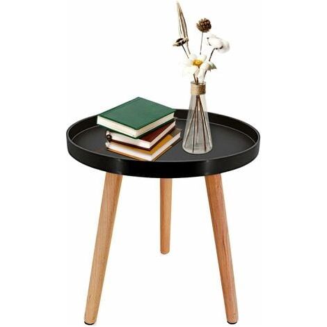 Mesa auxiliar pequeña para salón, dormitorio y oficina, con patas de madera natural, 40 cm (negra) (1/4)