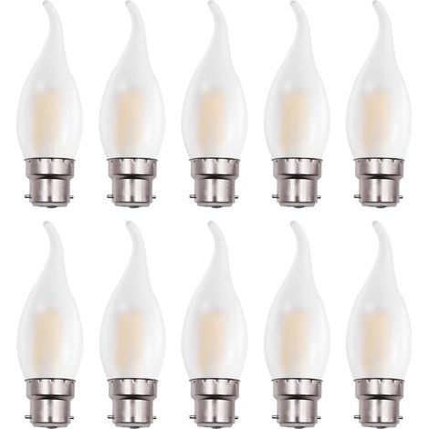 Lot de 10 ampoules LED à baïonnette B22 à intensité variable, ampoule à filament B22d pour lustre, blanc chaud doux C35 2700K en verre dépoli en forme de flamme à pointe courbée, économie d'énergie [C (1/5)