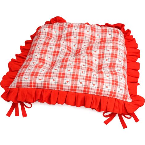 Galette de chaise 40 x 40 cm en coton à carreaux avec volant uni – Épaisse et moelleuse - 40x40cm - Rouge (1/2)