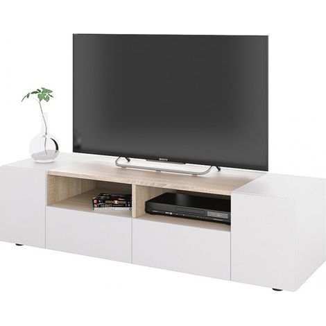 Pegane – Meuble TV blanc et chêne – Dimensions L 138 x P 42 x H 34 cm – Panneaux de particules mélaminés – Design contemporain (1/3)