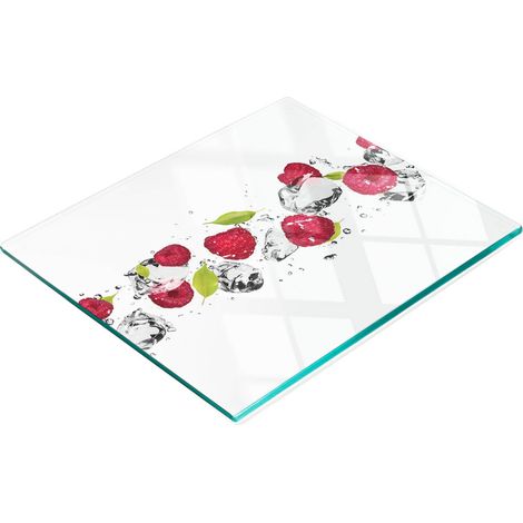 Tabla de cocina de vidrio templado con motivos decorativos de frambuesas y agua, 60x52 cm. (1/5)