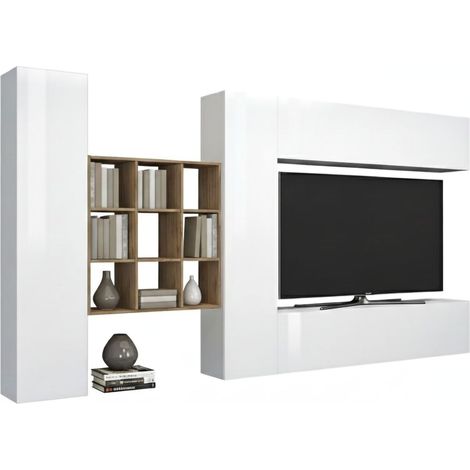 Dmora - Pared Equipada Dfallic, Conjunto de salón Mueble TV con 4 puertas, Mueble de salón polivalente, 100% Made in Italy, cm 350x30h180, Blanco brillante