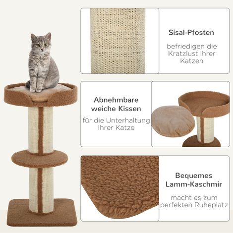 Arbre à chat 91 cm tour avec poteaux en sisal, plateforme, coussin, griffoir à étages pour chats de taille moyenne, brun clair (1/5)
