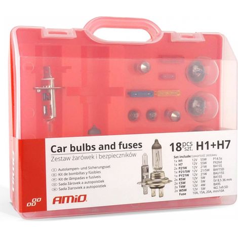 Set di lampadine e fusibili, 18 pezzi H1+H7, amio-01498