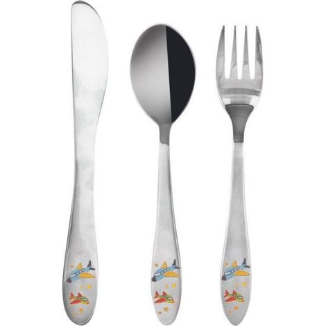 Couverts Enfants - Acier Inoxydable - Motif Avion - Sans Bords Tranchants - 3 Pièces (1/4)
