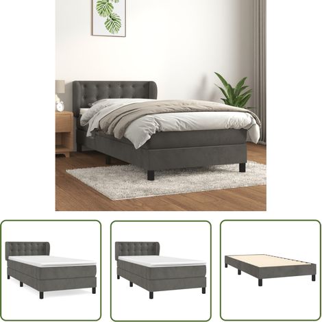 The Living Store Sommier à lattes de lit et matelas Gris foncé 90x200 cm Velours - Lit Plateforme - Lit Double - Lit Capitonné - Literie - Chambre À Coucher (1/5)