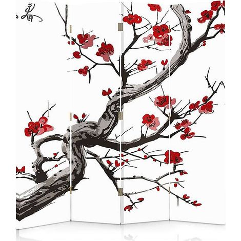 Paravent Cerisier Japonais Élégant pour Intérieur Zen - 145 x 180 cm - 1 face déco, 1 face noir