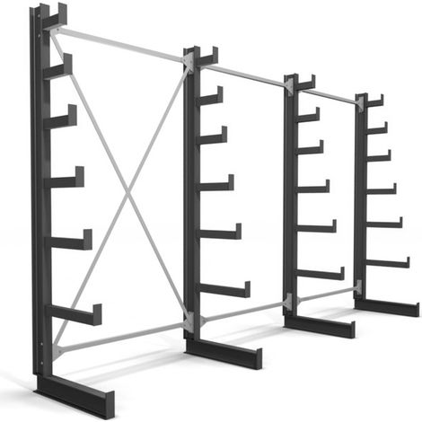 Rayonnage à bras en porte-à-faux STIER, simple, 3 travées avec 6 niveaux décroissants 3900x2000x500 mm