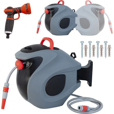 Automatischer Schlauchaufroller 30 m mit 9-Strahl-Düse, Wandhalterung und 180°-Drehung Grau (1/5)