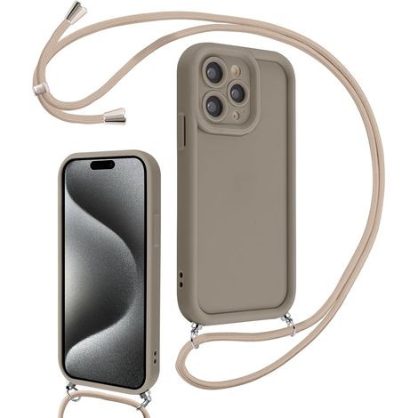 Coque pour iPhone 15 Pro Max 6,7" avec Cordon de Collier Réglable, Etui Protection de la Caméra Silicone Souple TPU Antichoc Housse avec Corde Lanyard Cover pour Femmes Filles, Kaki (1/5)