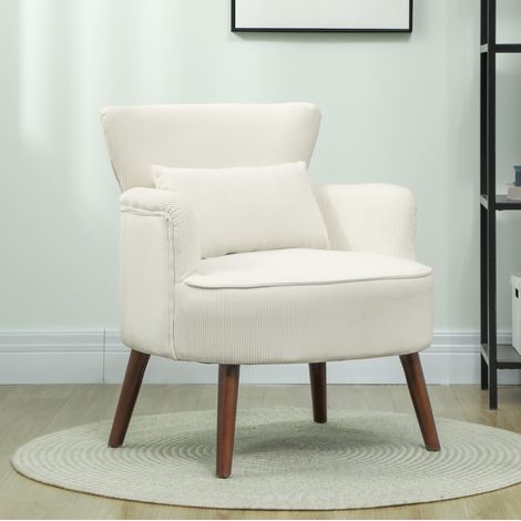 Poltrona imbottita con braccioli arrotondati e gambe in legno, bianco crema (1/5)
