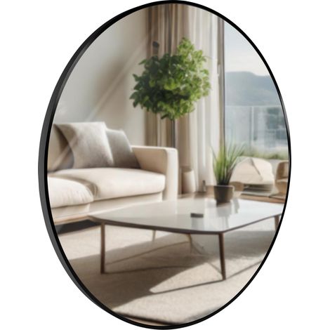 Miroir mural rond 80 cm cadre minimaliste noir 3 cm design moderne fixation murale incluse 100008481