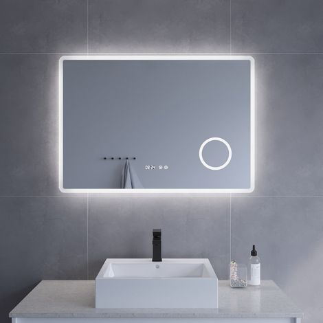 Badezimmerspiegel mit LED Beleuchtung und Uhr 100x70cm BORAS Typ D Kosmetikspiegel Digital Uhr Touch Sensor Dimmbar Antibeschlag Kaltweiß 6400K AQUABATOS (1/5)