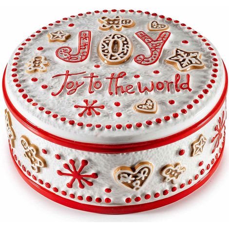 Contenitori / biscottiere / portadolci tondi adatti al contatto alimentare in ceramica con decori e scritta natalizia in rilievo, Ø 20 cm x 9 H