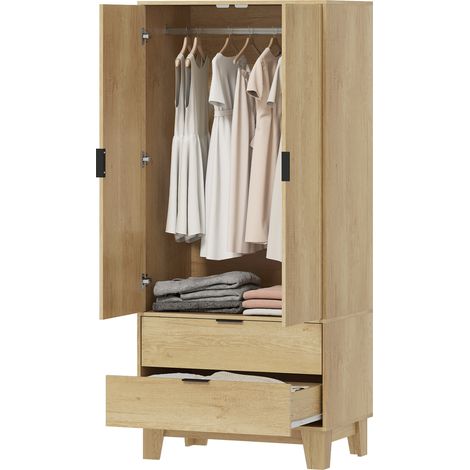 Armoire penderie 2 portes fermeture douce 2 tiroirs barre suspension 80x50x180cm bois naturel