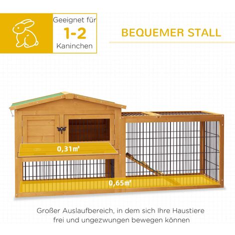 Cage à lapins 2 niveaux, bois de sapin, résistant à l'hiver, maison à double étage avec enclos extérieur rampe 150x52x68 cm jaune (1/5)