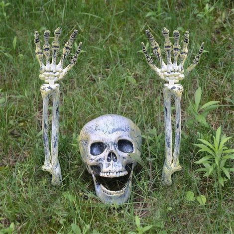 Crâne et bras de squelette d'Halloween, lot de 3. Décorations d'Halloween réalistes en forme de squelette pour intérieur et extérieur, accessoires de fête d'Halloween. (1/4)