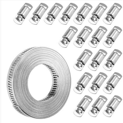 Colliers de serrage 20 pieds, sangle métallique + 20 attaches, bande en acier inoxydable à découper soi-même, réglable, grande vis sans fin