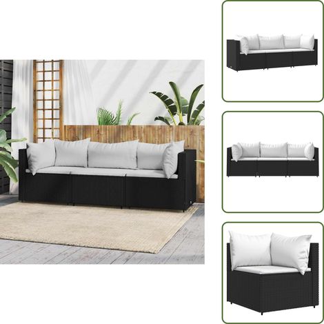 3-tlg. Garten-Lounge-Set mit Kissen Schwarz Poly Rattan - Gartensorte - Loungemöbel - Gartenmöbel - Esszimmergarnitur - Balkonmöbeln (1/5)