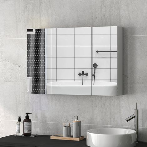Badezimmerspiegelschrank mit 3 sanft schließenden Spiegeltüren, Badezimmerspiegel mit verstellbaren Ablagen aus Holz und Glas, 90 x 13,5 x 60 cm, Weiß
