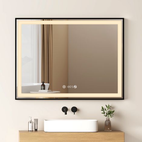 EMKE LED Badezimmerspiegel 60x80cm Badspiegel mit Antibeschlag Warmweiß Dimmbar Uhr Temperatur Matt-schwarzer Metallrahmen