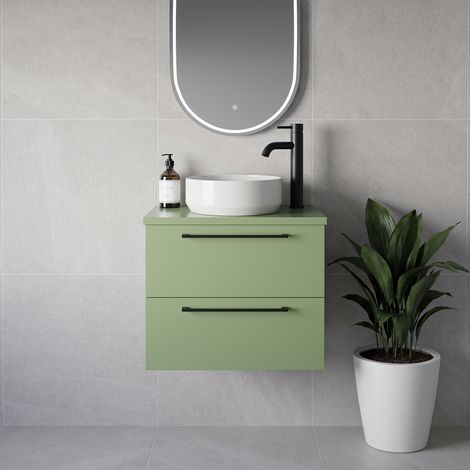 Napoli 390 Olive Green 600mm Wall Mounted 2 Drawer Vanity Unit for Countertop Basins - 600mm - Matt Black 320mm Handle