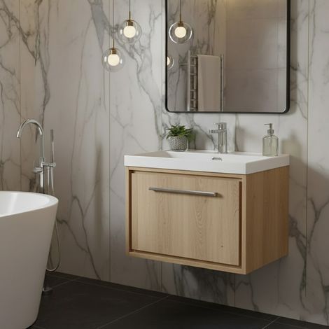 Hudson Reed Lille Wall Hung 1-Drawer Vanity Unit with Thin-Edge Basin 600mm Wide - Bleached Oak