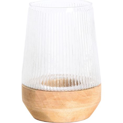 Light & Living pequeño portavelas MINAS vidrio acanalado + madera
