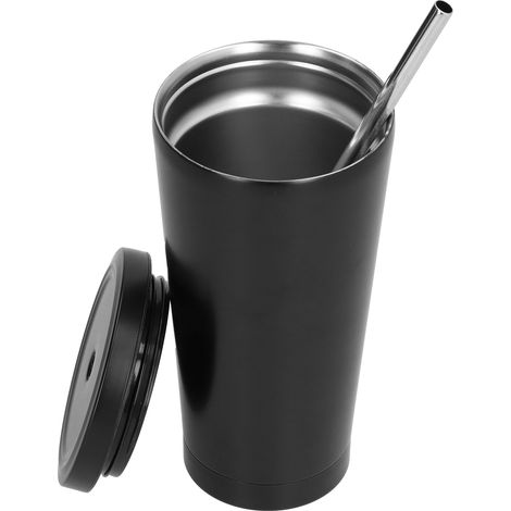 Bouteille à café isotherme 500 ml avec couvercle et paille, pour boissons glacées, utilisation maison, bureau ou voyage, noir. (1/5)
