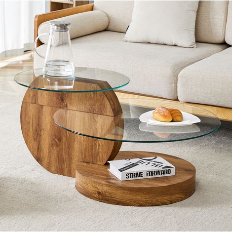 Couchtisch aus MDF und transparentem Glas, mehrstufiges Design in Holzoptik (1/5)