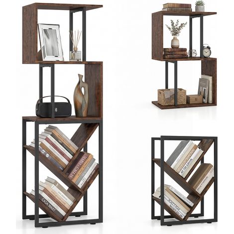 Bibliotheque à 6 Niveaux, Etagere Rangement en Forme S avec 5 Compartiments Ouvertes, Patins Antidérapants et Anti-Basculement, Style (1/5)