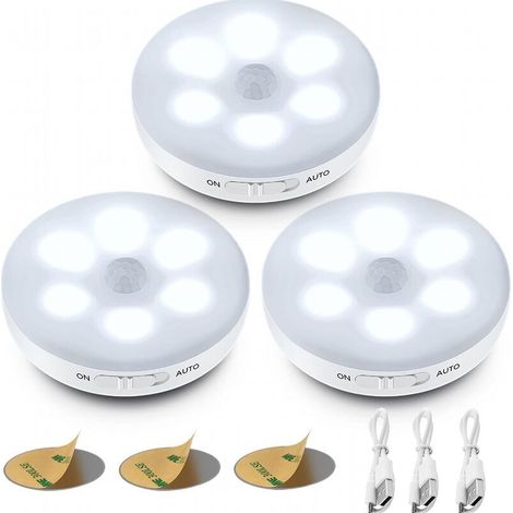 Veilleuse LED automatique sans fil, 3 modes (auto/marche/arrêt), lampe de penderie avec indicateur de charge USB, lumière blanche, lot de 3