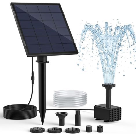 Pompe solaire pour fontaine à oiseaux, 4 W, câble secteur 3 m, support de sol réglable, 5 modes de pulvérisation, tuyau 1,2 m, anti-séchage, silencieuse pour bassin et étang à poissons