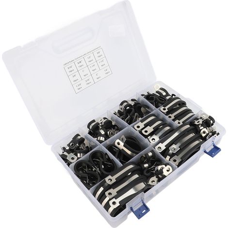 Kit assortimento di 125 fascette stringitubo con isolamento in gomma e cuscinetto in acciaio inox 304 per tubi flessibili, rigidi e cavi. (1/2)