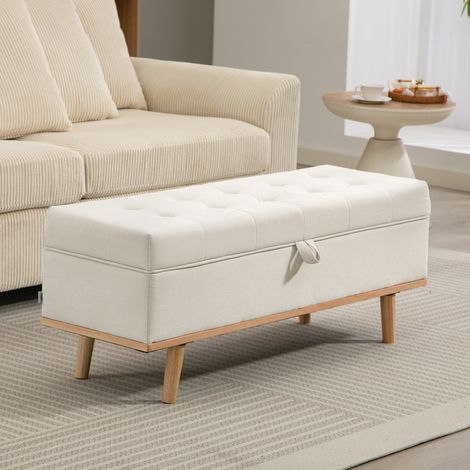 Banc de rangement capitonné 80 L, revêtement en tissu et pieds en bois. 118 x 42 x 45 cm. Crème.