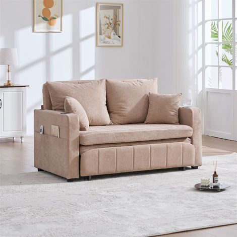 Canapé Convertible - 139x73x83cm - Lit Pliant d'Appoint avec USB Porte-gobelet et Poches de Rangement - Chenille Douce Khaki (1/5)