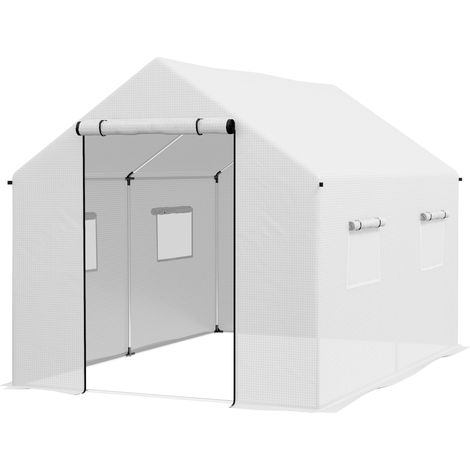 Serre jardin tunnel acier galvanisé 6m² porte enroulable 4 fenêtres PE HD blanc 2x3m