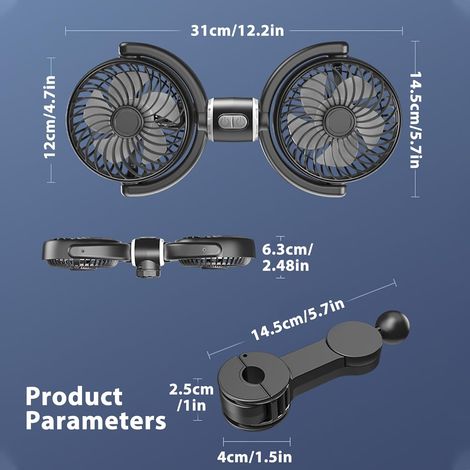 Ventilateur De Voiture A Double Tête,5V 2A Ventilateur Voiture,USB Ventilateur De Véhicule,Ventilateur Double Têtes Pour Voiture,SUV,Camion,Camping-Car,USB,Rotation A 360°,10W,Noir (1/5)