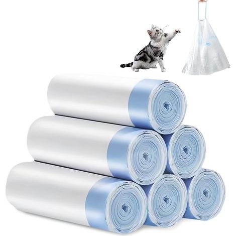 Sac Poubelle Chat avec Cordon de Serrage, 6 Rouleaux (90 Sacs) à Poignées pour Litière Automatique et Déjections d'Animaux